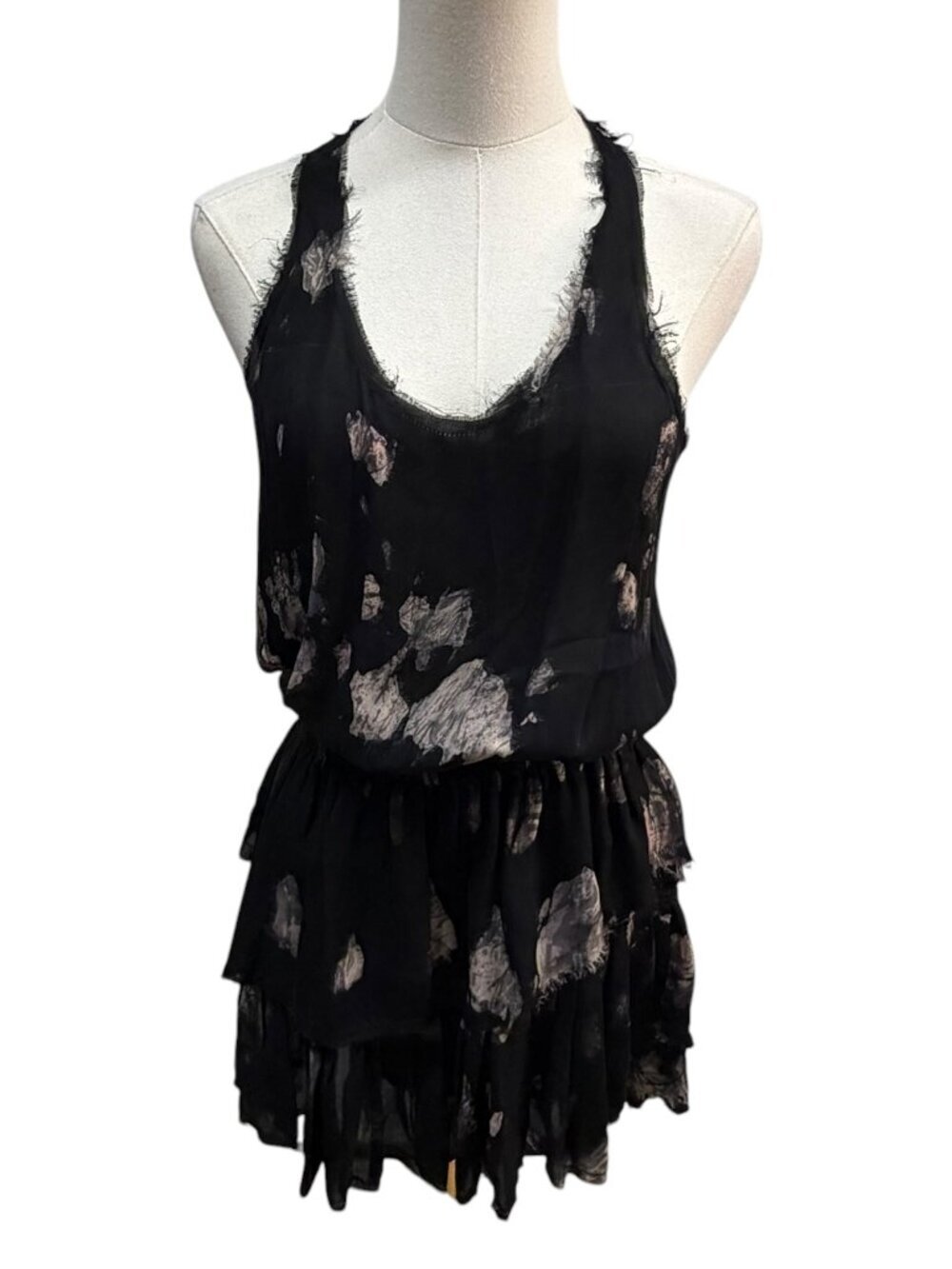 LoveShackFancy Black Floral Silk Blend Tiered Racerback Mini Dress XS (est) EUC